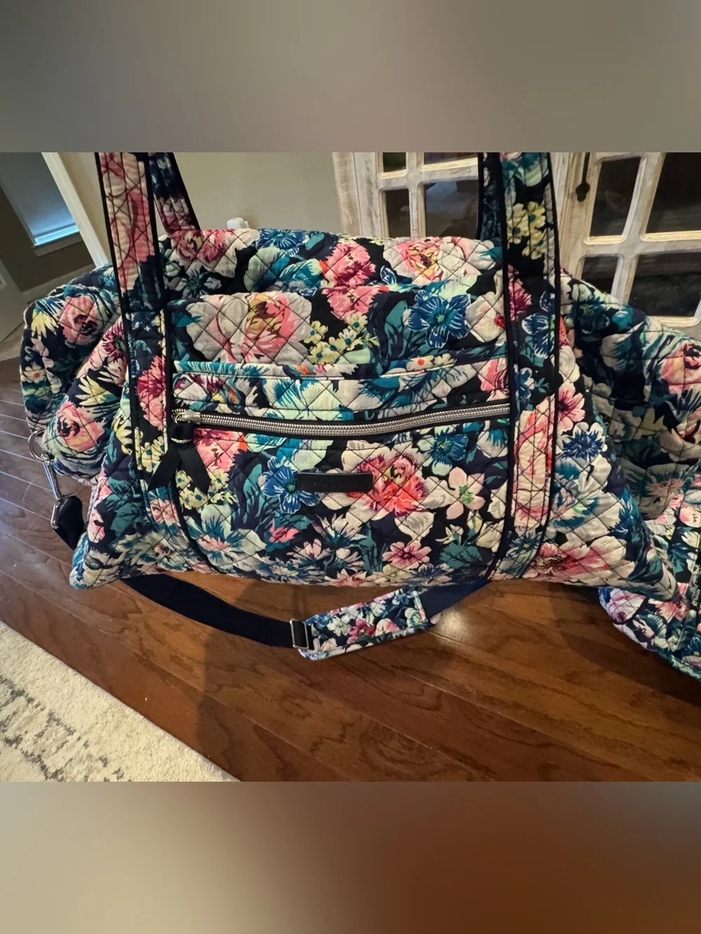 Vera Bradley Navy Floral Quilted Tote with Pink & Aqua Accents